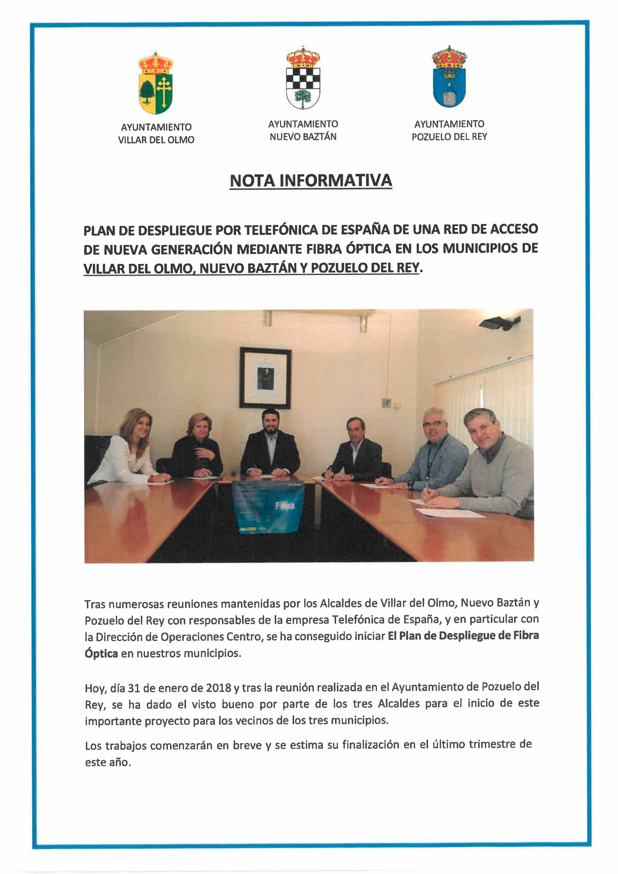 Firma para el despliegue de fibra en Nuevo Baztán, Villar del Olmo y Pozuelo del Rey