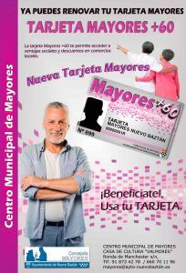 ​Por undécimo año consecutivo el Ayuntamiento de Nuevo Baztán, a través de la Concejalía de Mayores,  pone a disposición de los mayores empadronados la tarjeta Mayores +60.
